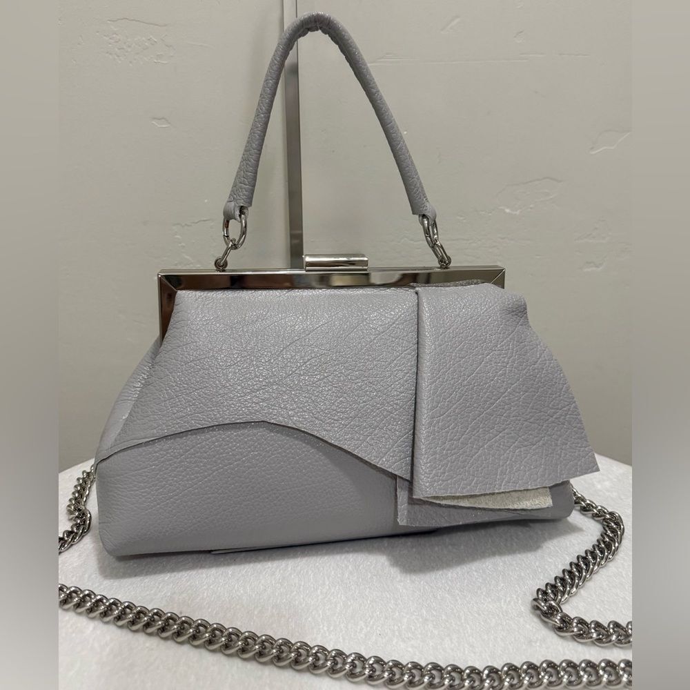Handmade Cowhide Leather Asymmetrical Ruffles Metal Frame Bag, Multi Use Style - Picture 3 of 16
